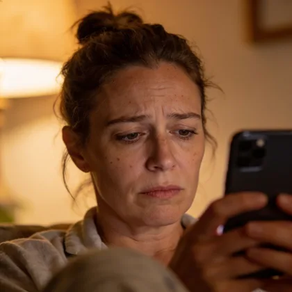 Woman looking at her phone, not feeling okay