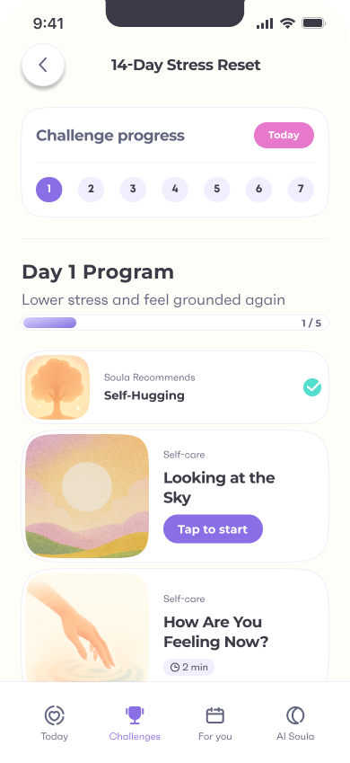 Soula daily programme screen with a stress-reset checklist